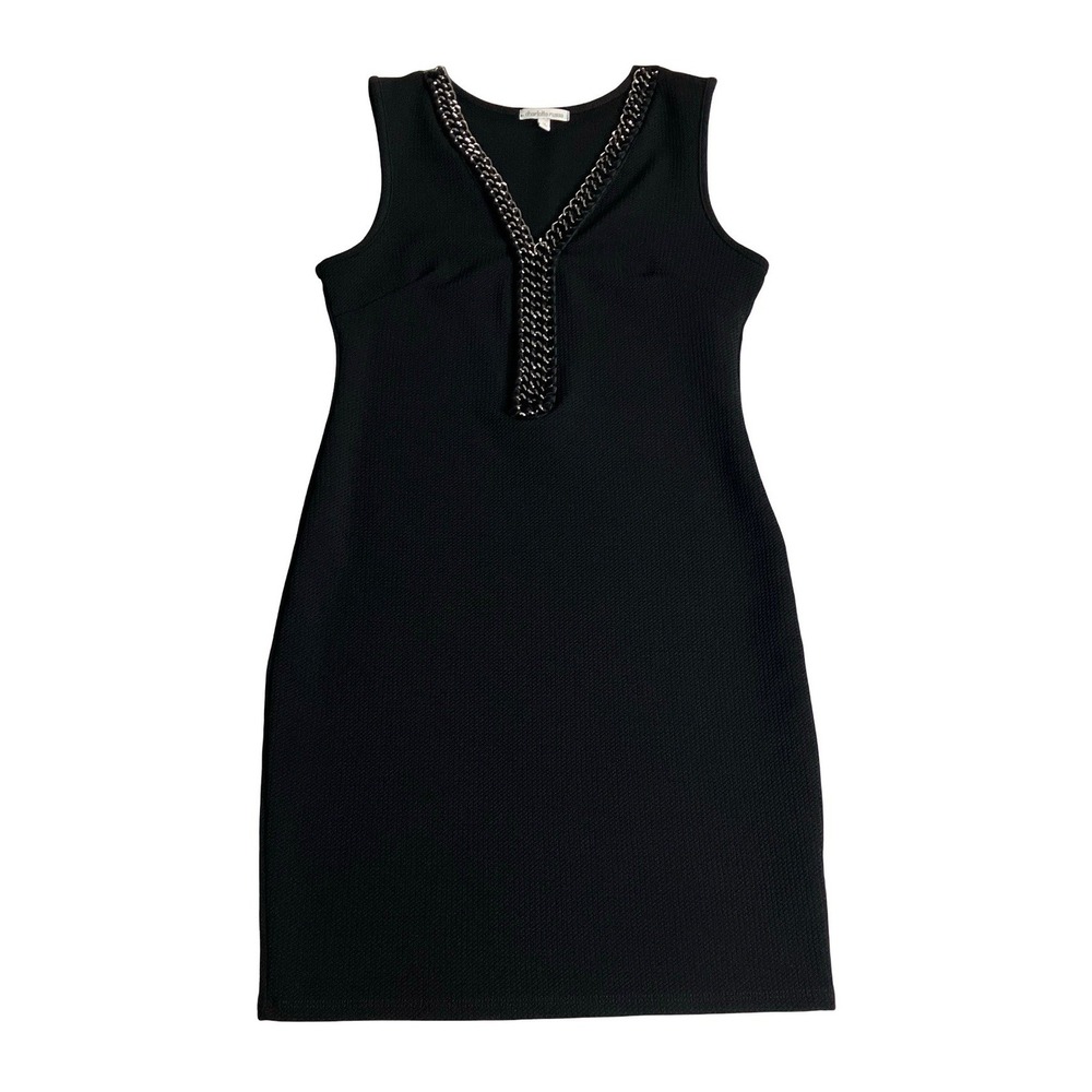 Y2K Charlotte Russe Chain Trim Mini Dress M Black Textured Sheath Sleeveless USA